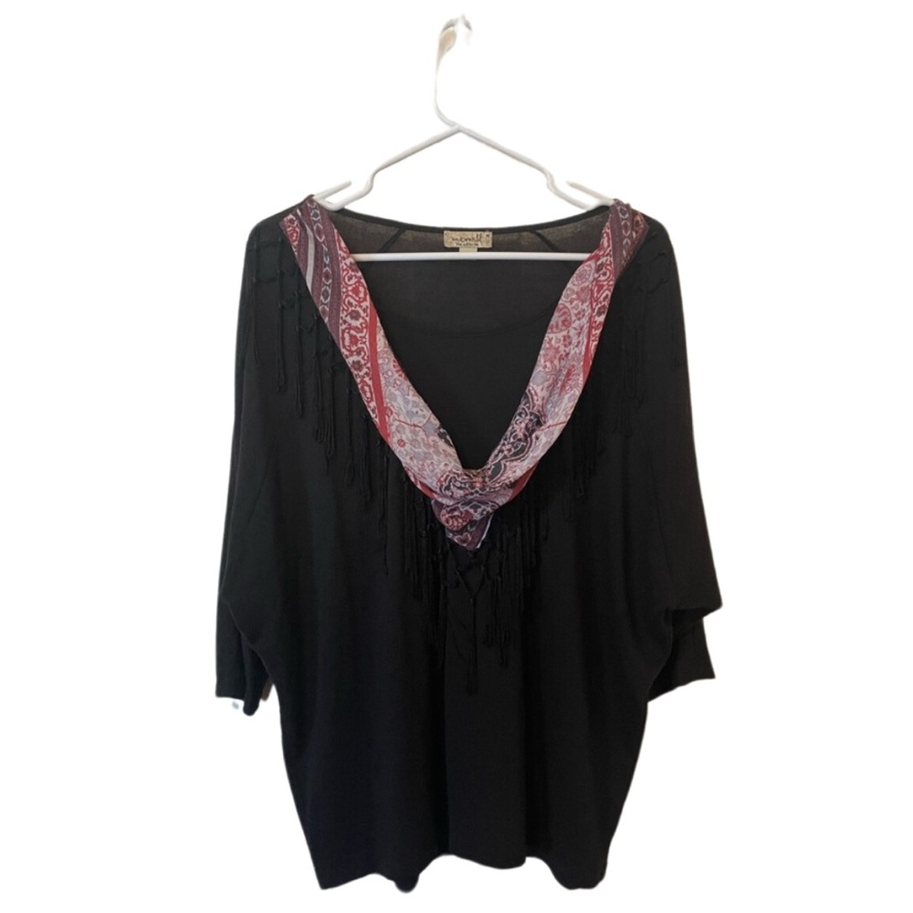 90’s Black Scoop Neck Top - Scarf & Macramé  - Medium - One World